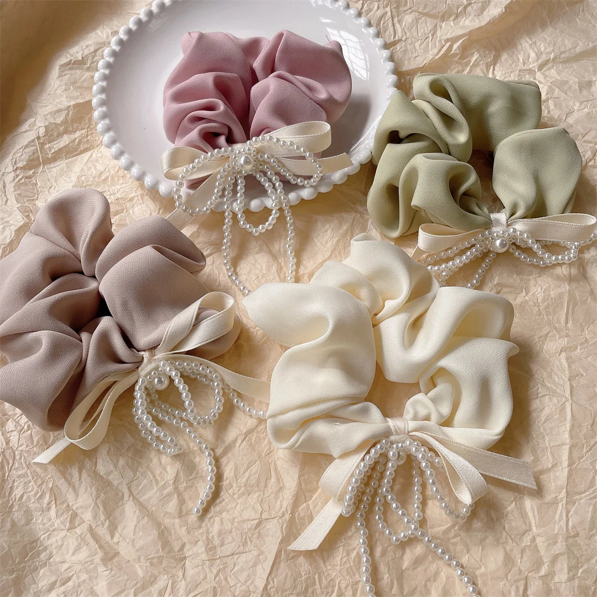 Korea Fashion Solid Color Jumbo Satin Scrunchies Ribbon Bow Hair Ties Soft Fabric Pearl Hair Bands for Women