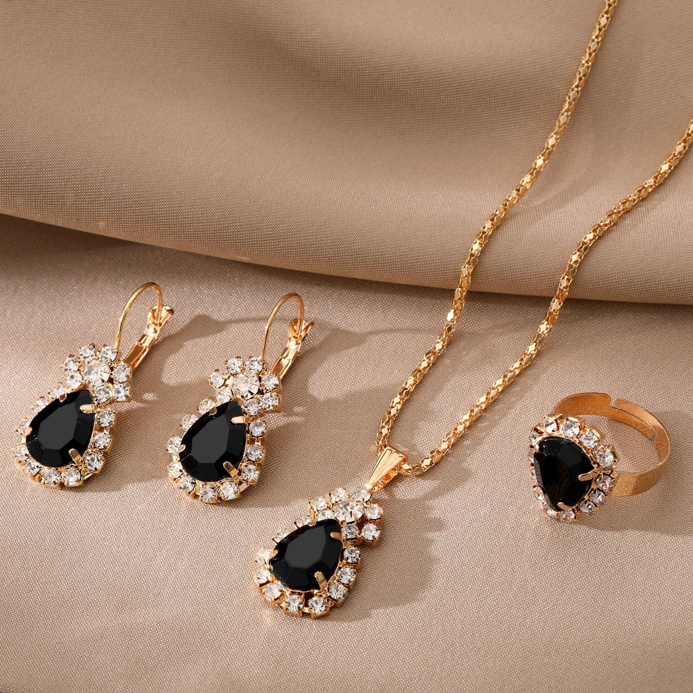 VKME Retro Style Zircon Necklace Earrings Ring Jewelry Set for Women Gift