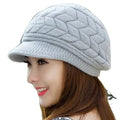 Fashion Chic Women Winter Warm Knit Hat Rabbit Fur Blended Snow Ski Caps with Visor Winter Hat Woman