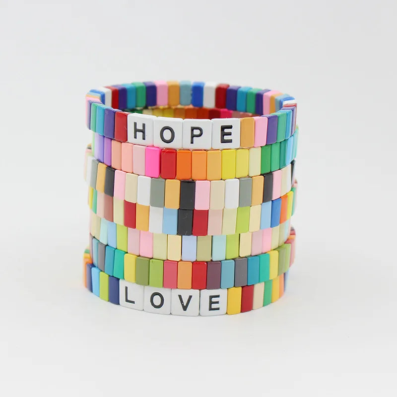 JC Crystal New Style Popular Letter Beads Enamel Bohemian Assorted Colors Elastic Tile Women's Bracelet Wholesales