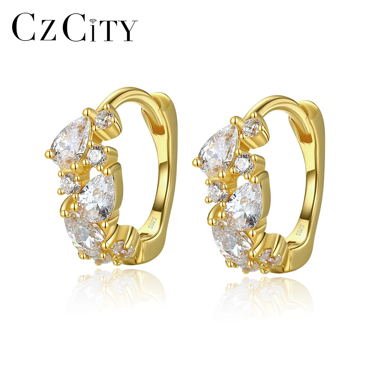 CZCITY Fashion Trend Ladies S925 Silver Huggie Earrings Jewelry Gold Plated Teardrop CZ Studs Korean Hoop Earrings