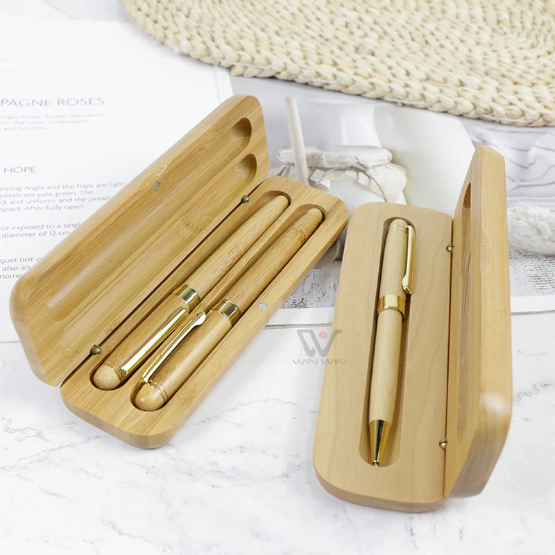 Personalized Custom Eco Friendly Luxury Bamboo Ballpoint Pen in Matching Wood Gift Box Set Wooden Pen With Wooden Case 1.0mm