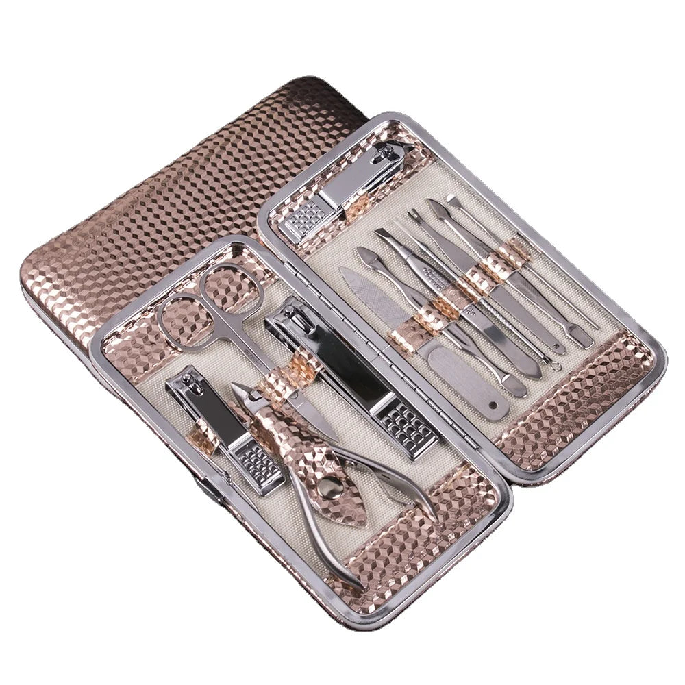 Professional 12pcs Manicure Kit Personal Nail Care Tool Set Beauty Scissors & Cuticle Tool with Leather Bag Made Stainless Steel
