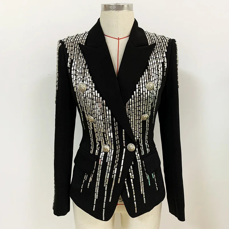 2025 Autumn Winter Women's New Stock Double-Breasted Beaded Slim Suit Heavy-Duty Metal Sheet Coat Jacket for Europe United