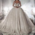 Luxury Sparkly Sheer Long Sleeve Modest Wedding Dresses Princess Bling Bride Wedding Dresses Long Train Bridal Gown