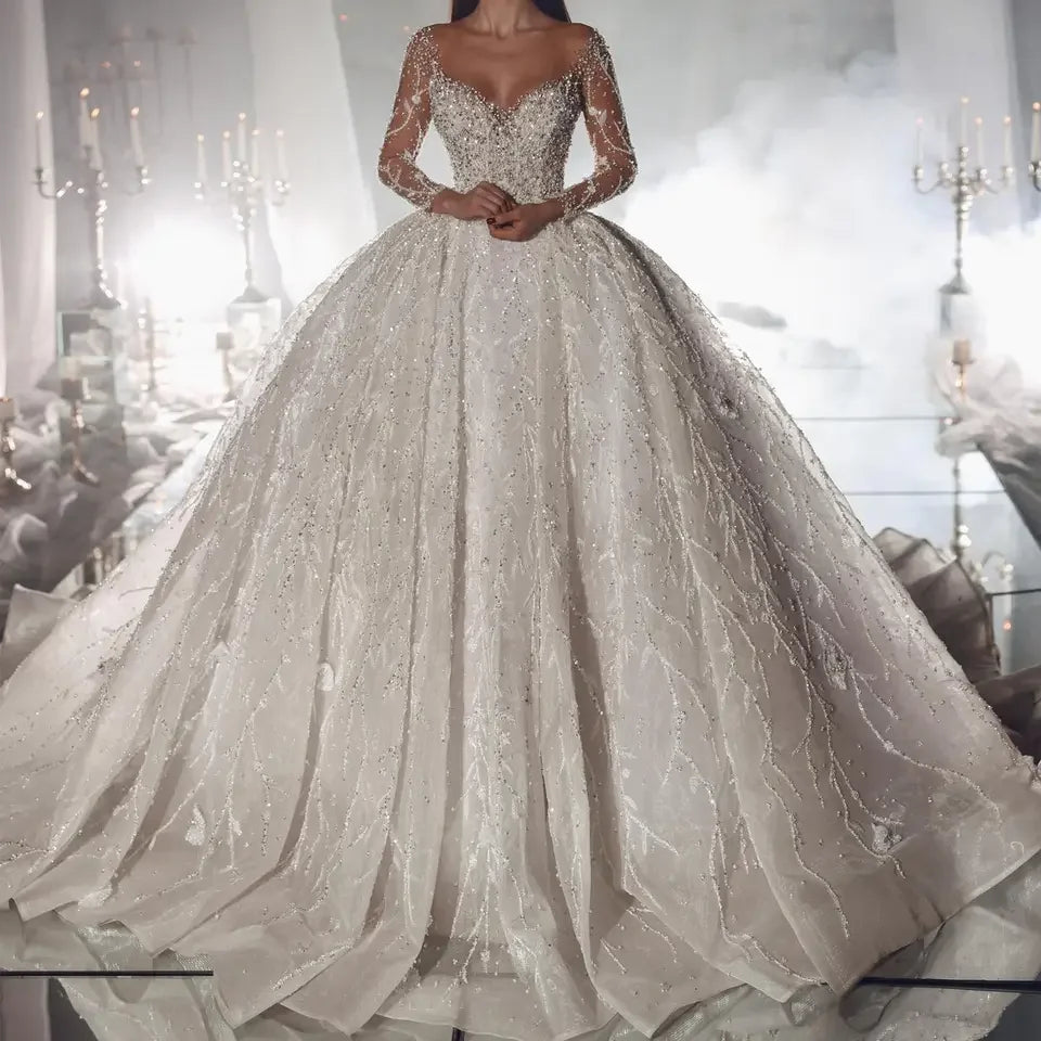 Luxury Sparkly Sheer Long Sleeve Modest Wedding Dresses Princess Bling Bride Wedding Dresses Long Train Bridal Gown