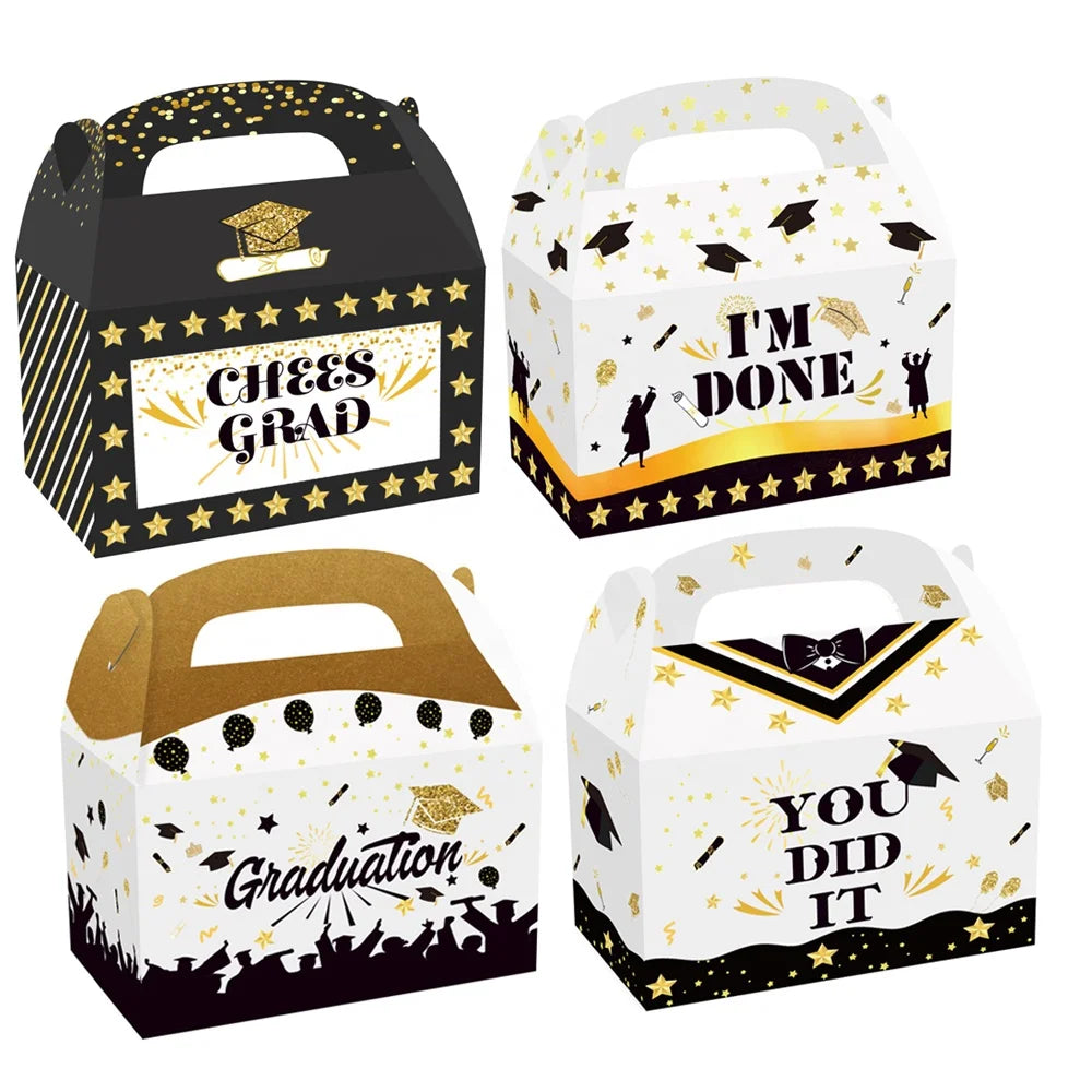 12 Pcs/Pack Graduate Paper Candy Cookie Paper Handle Box Boxes for Graduation Party Decor Gift Favor Boxes