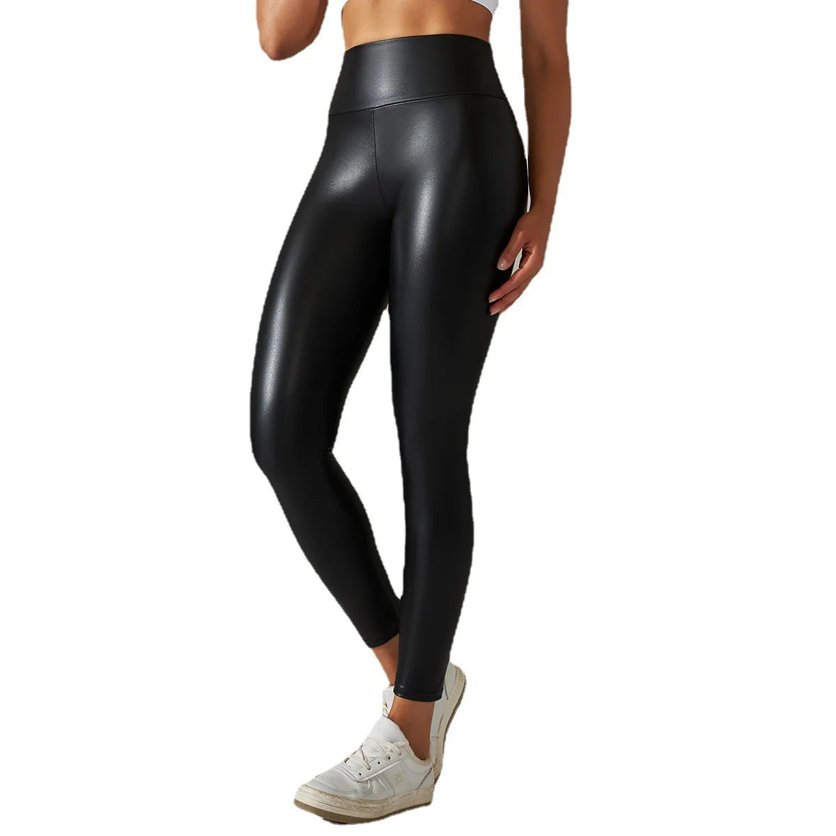 High-Waisted PU Leather Leggings for Plus-Size Women Elastic Waist Yoga Fitness Pant with Solid Pattern