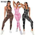 Large Halter Tie-dye Yoga Jumpsuit Women's Seamless Knitting Dance Sports Gym Fitness Sets Tie Dye Playsuit Bodysuit