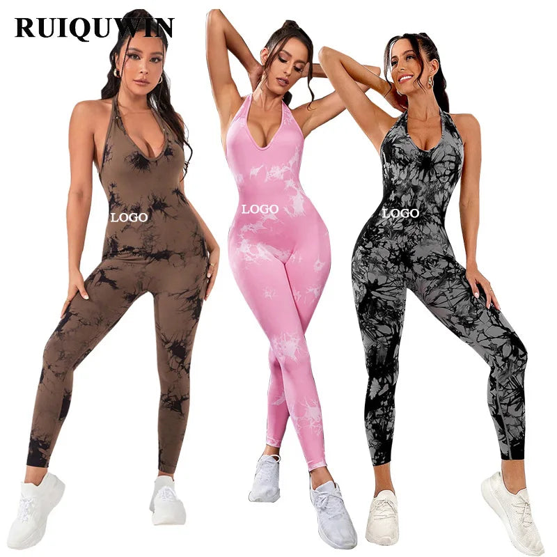 Large Halter Tie-dye Yoga Jumpsuit Women's Seamless Knitting Dance Sports Gym Fitness Sets Tie Dye Playsuit Bodysuit
