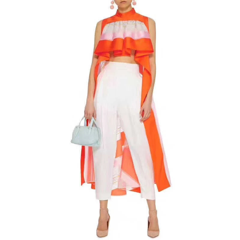 TWOTWINSTYLE Casual Striped Round Neck Sleeveless Colorblock Women Blouses Elegant Tops