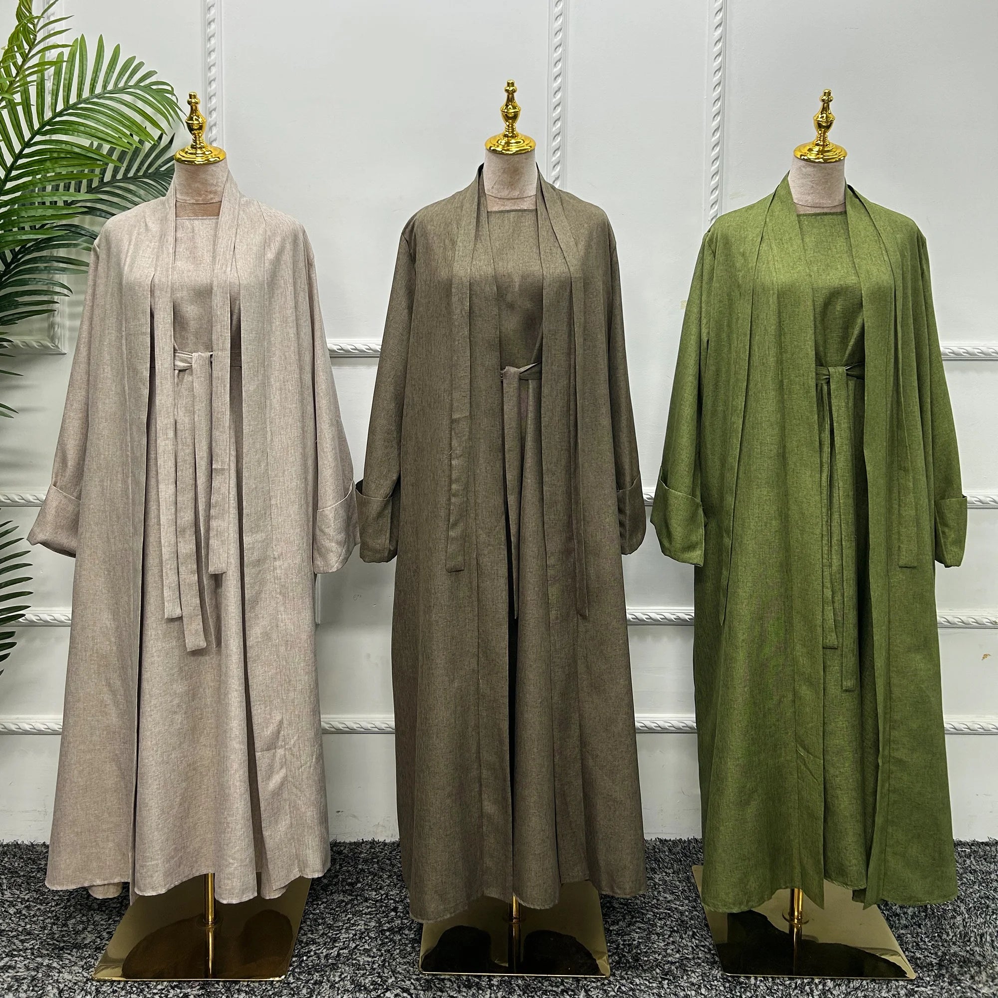 Loriya Solid Color Linen Abaya Designs With Open Cardigan 2pcs Set Abaya Women Muslim Dresses Islamic Clothing