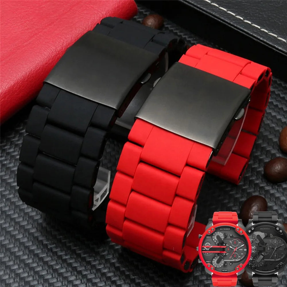 28mm Silicone Stainless Steel Watchband for Watch Strap DZ7396 DZ7370 DZ4289 DZ7070 DZ7395 Men Rubber Wrist Band Bracelet
