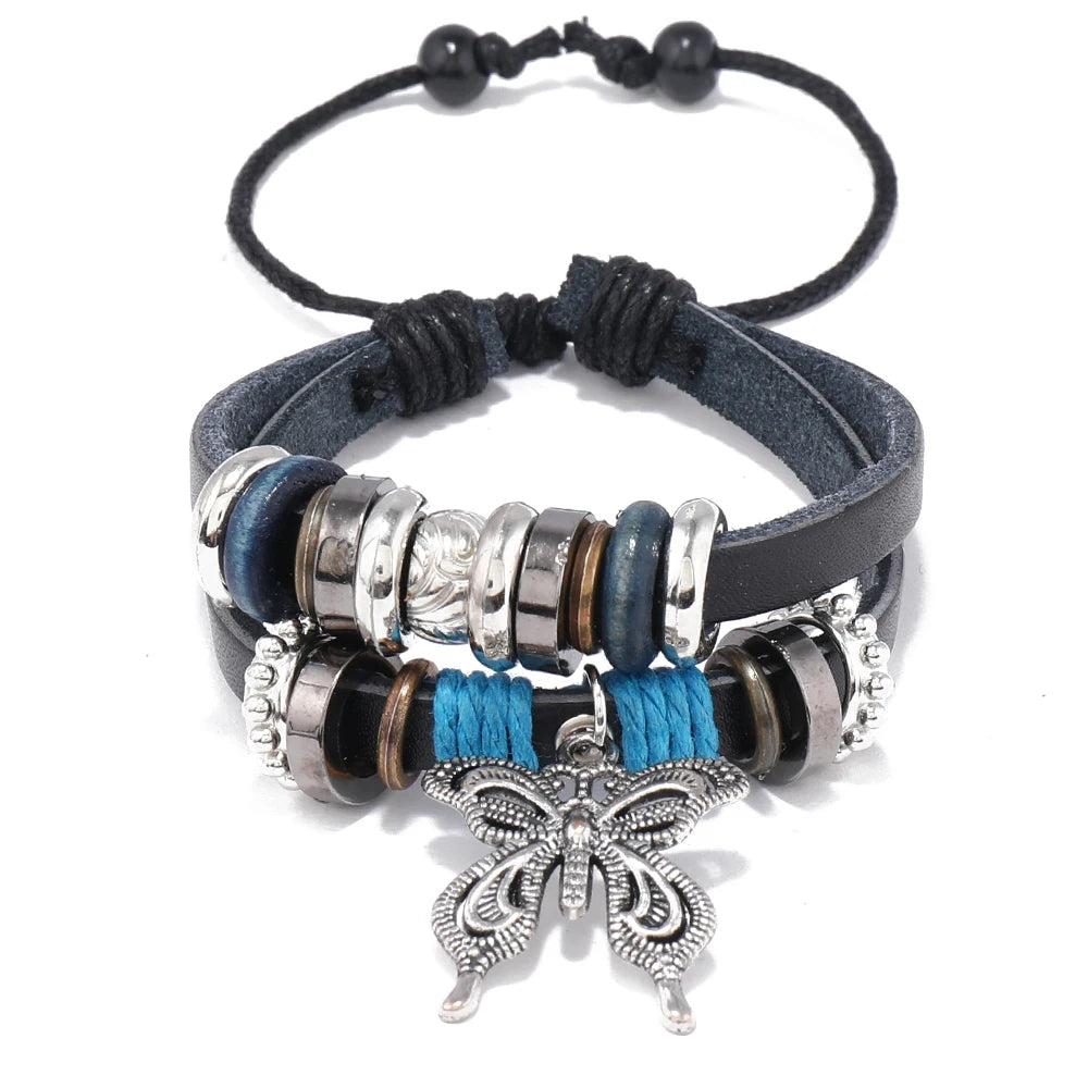 Wholesale Trendy Leather Bracelets with Fashion Charm Butterfly Pendant Men's & Women's Personality Jewelry