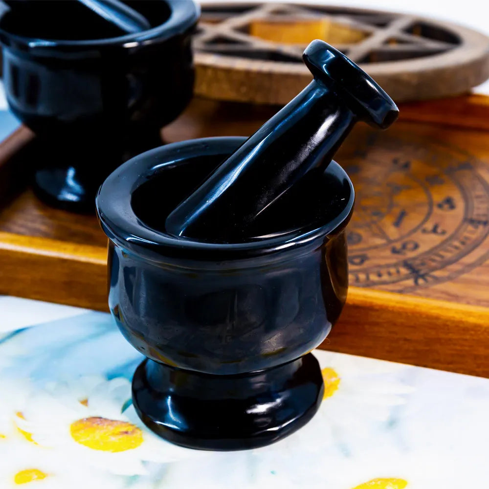 Natural Black Obsidian Healing Stones Mortar Pestle Carved Engraved Crystal