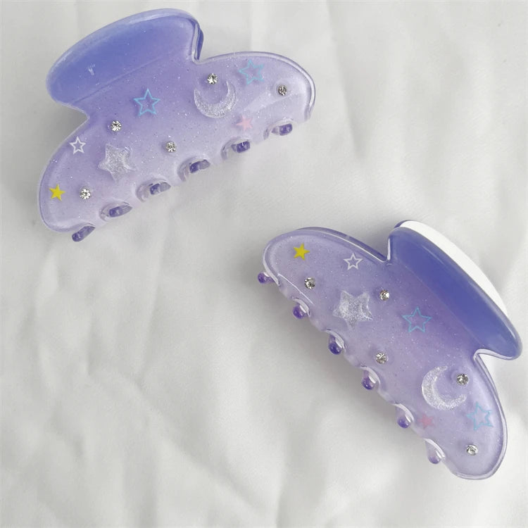 New Design 2024 Beautiful Hair Accessories Girls 8cm Acetate Hair Claw Star Moon Rhinestone Beaded Banana Shape Hair Clips