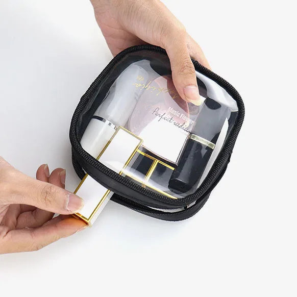 Square Mini Zipper TPU Fashion Cosmetic Bag Black Waterproof Makeup Storage Travel Pouch