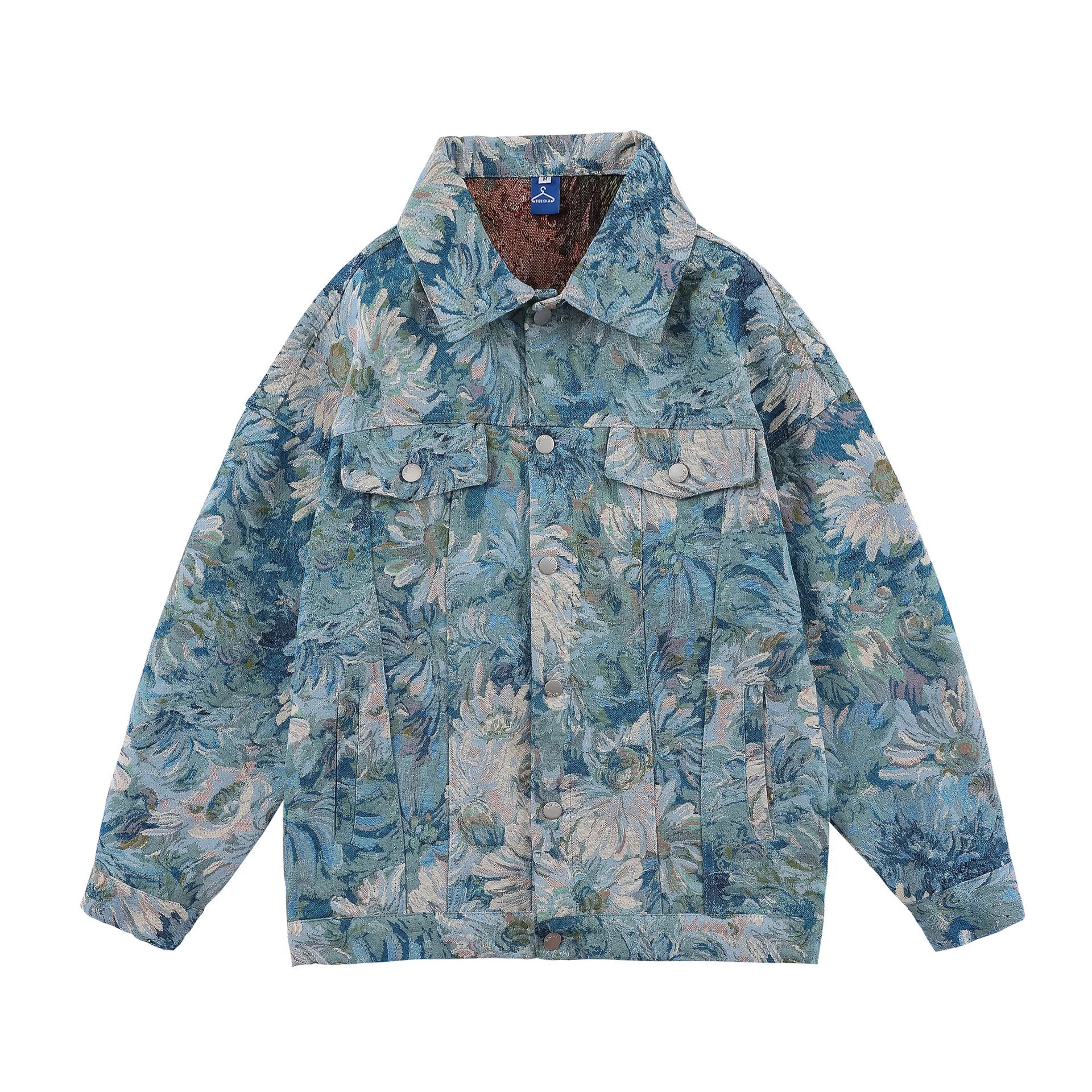 High Quality Vintage Hip Hop Streetwear Chaquetas Para Hombres Casual Loose Floral Jacquard Button up Jean Denim Jacket