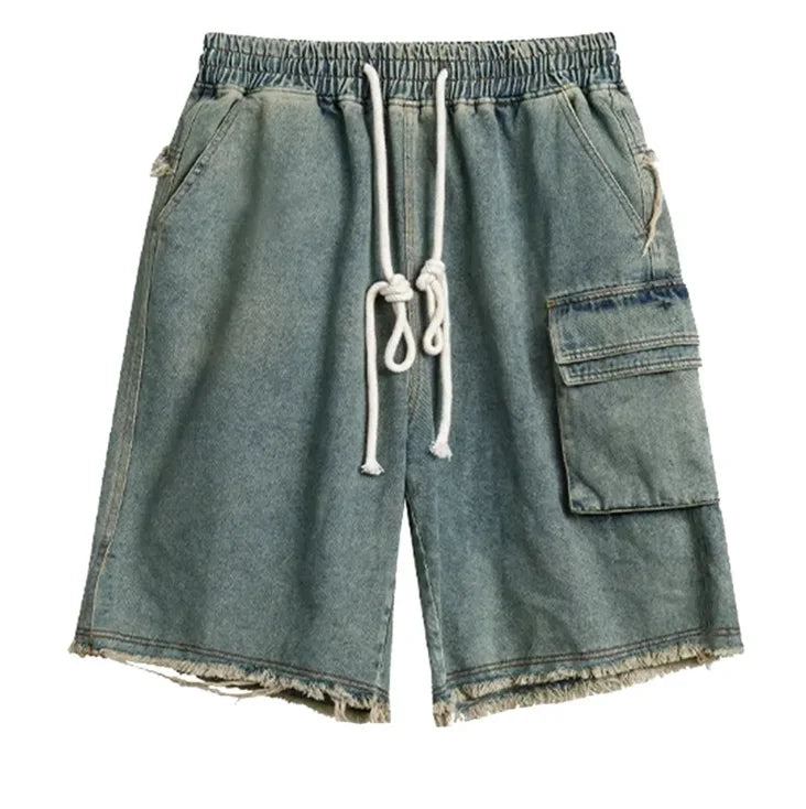 OEM Mens Acid Wash Cotton Fleece Denim Drawstring Vintage Jean Shorts for Men