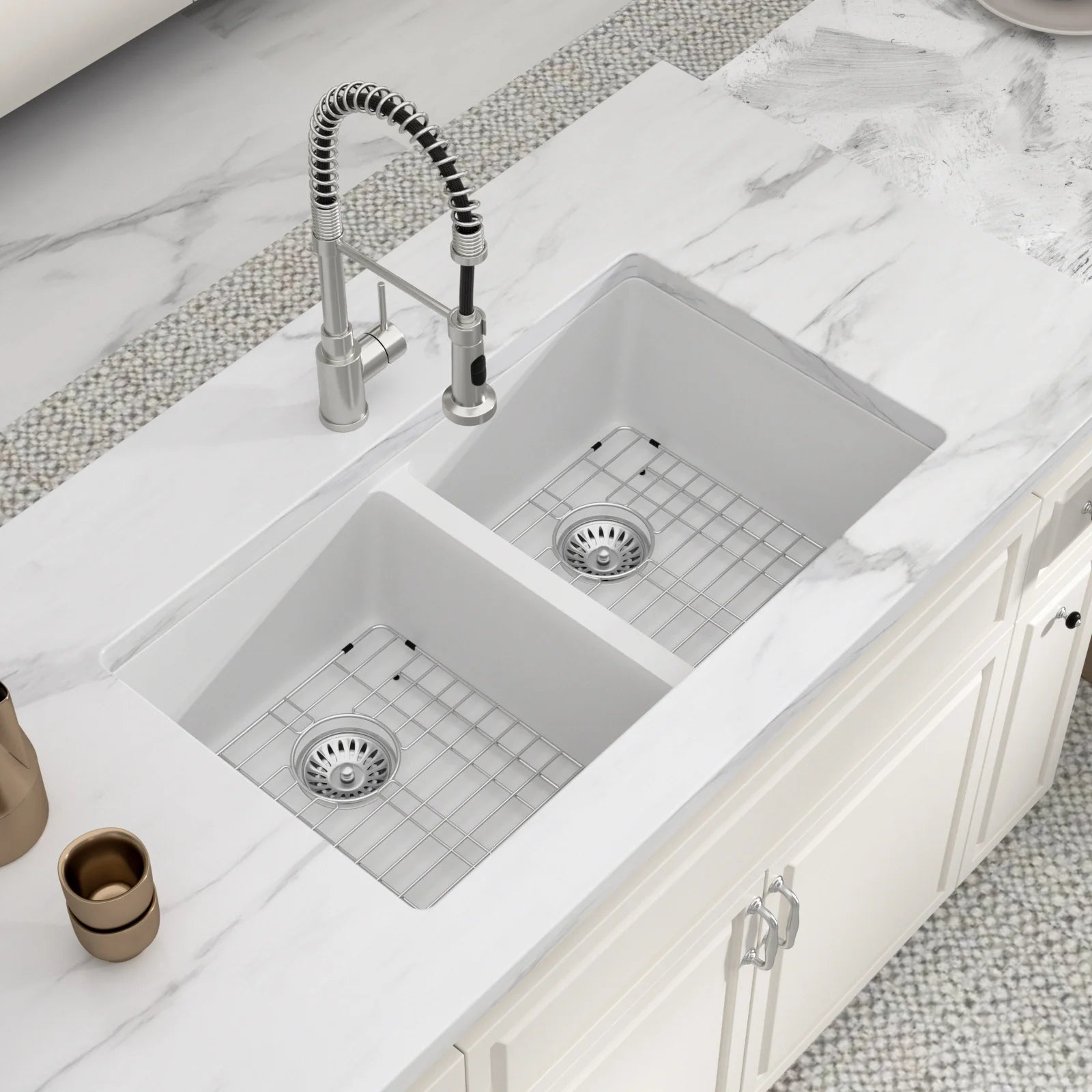Sarlai Group 33"x19" Quartz  Undermount White 33 Double Bowls Granite Composite Kitchen Sink