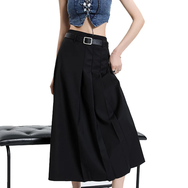 Custom High Waist Black Vintage Preppy Cotton Maxi Long Skirt Women's Suit Pleated Skirt With Tie Belt