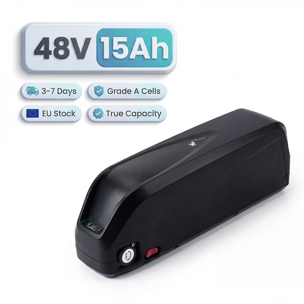 DE Stock 48V 15Ah E-Bike Lithium Battery with 3000mAh China Cells 30A BMS & 2A XT60 Port for Fat Tire & Mountain Bike