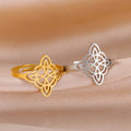 304 Stainless Steel Witchcraft Protection Amulet Women Good Luck Gold Plated Celtic Quaternary Witch Knot Adjustable Ring