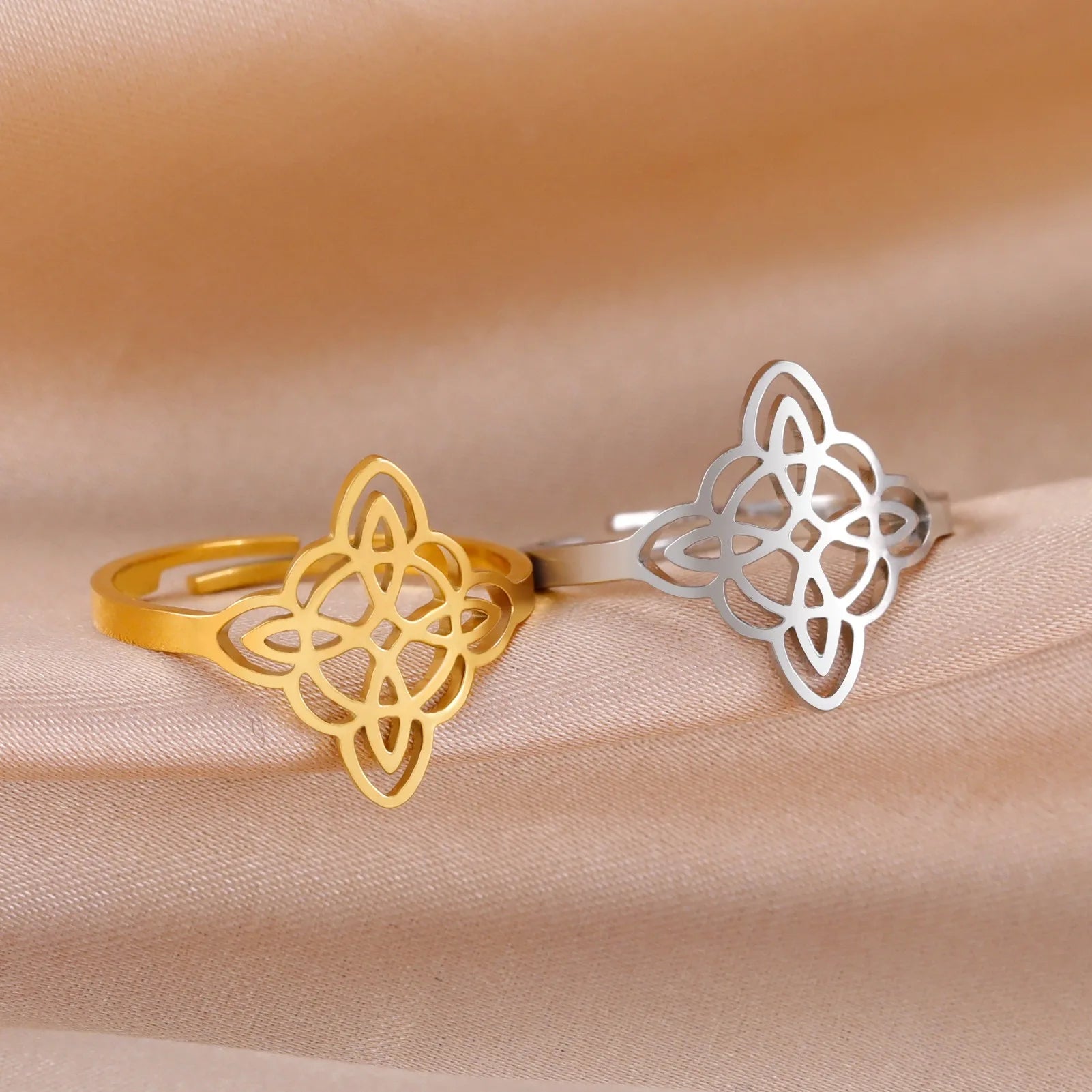 304 Stainless Steel Witchcraft Protection Amulet Women Good Luck Gold Plated Celtic Quaternary Witch Knot Adjustable Ring