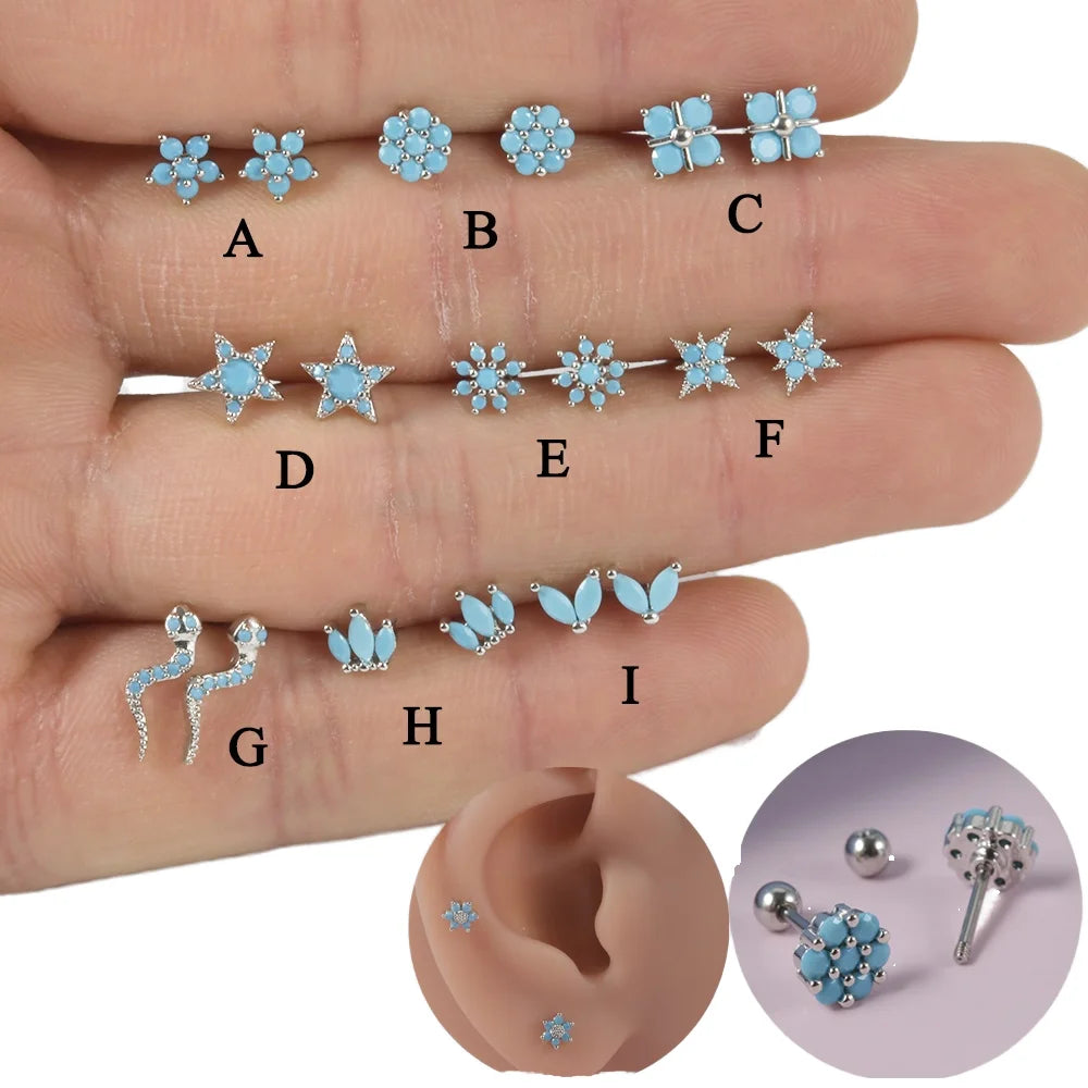 Wholesale Trendy Women's Stainless Steel Ear Studs Blue Turquoise Daith Lobe Piercing Jewelry Pearl Stone Surgical Steel Jewelry