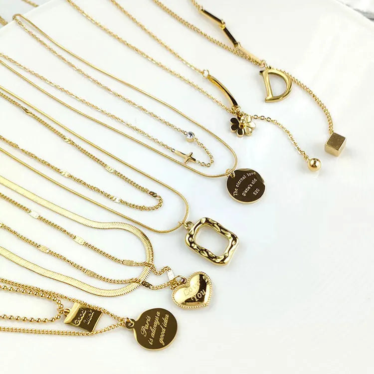 SC Fashion Stainless Steel Layered Snake Chain Necklace No Fade 18K Gold Plated Carved Letters Square Disc Heart Necklace Women