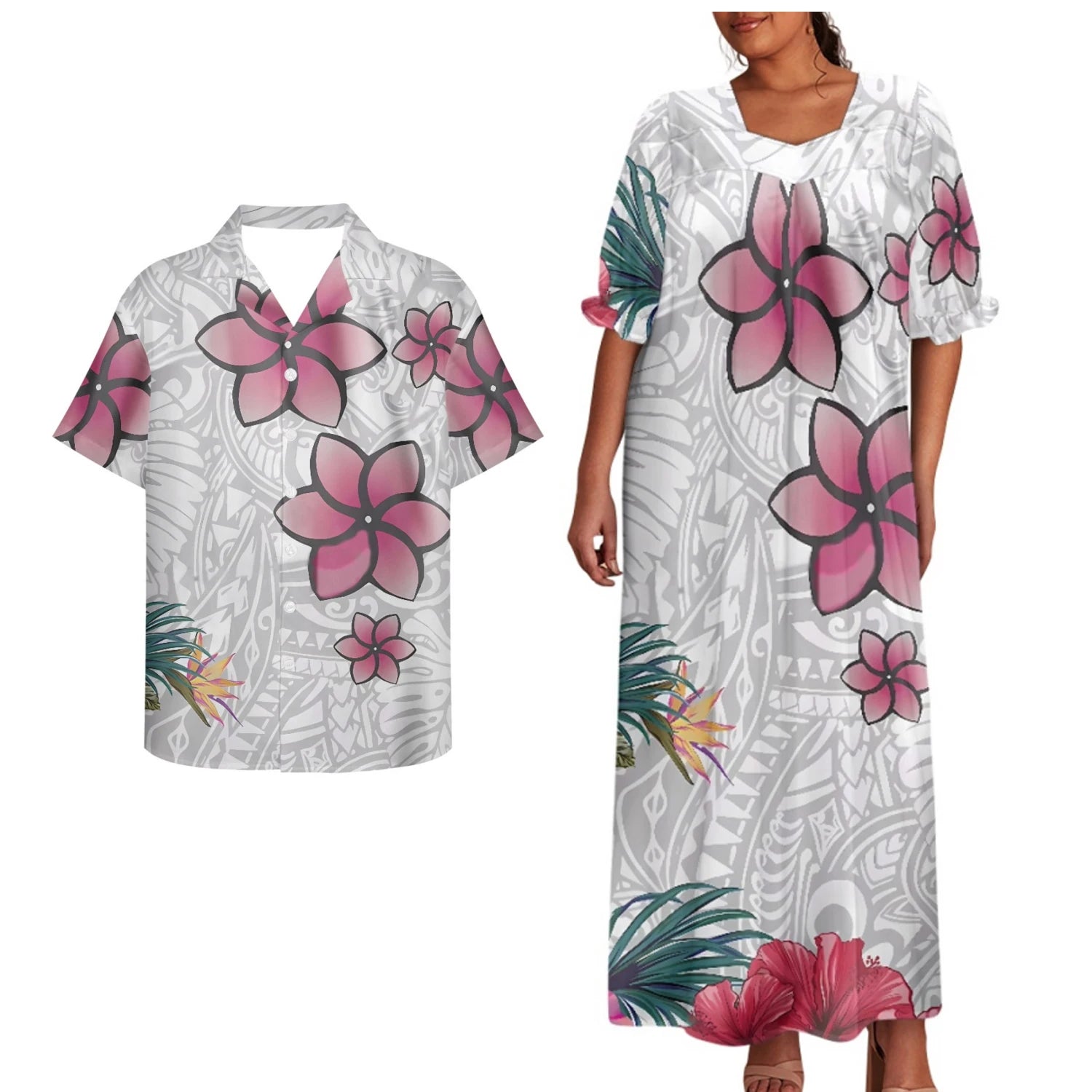ODM OEM Custom Strapless Sweet Floral Polynesian Tribal Printed Couples Matching Outfits Micronesian Mumu Mens Aloha Shirts