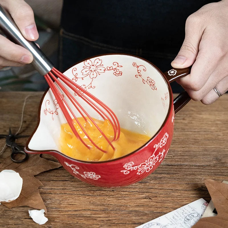 Durable Bowl Ceramic Bowl With Hand Grip Household Kitchen Egg Beater Cup With Drainage Mouth Cup Printing Sakura Mixing Bowl