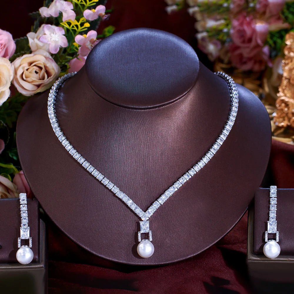 Shiny Square Cubic Zircon Bridal Wedding Big Pearl Necklace and Earrings Evening Dinner Party Costume Jewelry Sets for Women