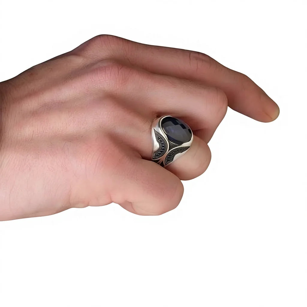 Wholesale Azuris VALKH1207 925 Sterling Silver Men's Ring with Natural Stone Agate Handmade in Turkey