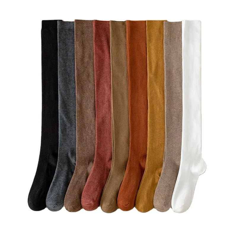 JK College Style Thigh-High Socks Vertical Striped All-Over Knitted Knee-Length 100% Cotton Anti-Slip for Autumn