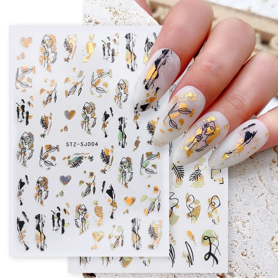 3D Holographic Abstract Strips Nail Stickers Bronzing Geometry Heart Adhesive Slider Nail Art Decals 2024 Manicure Tips