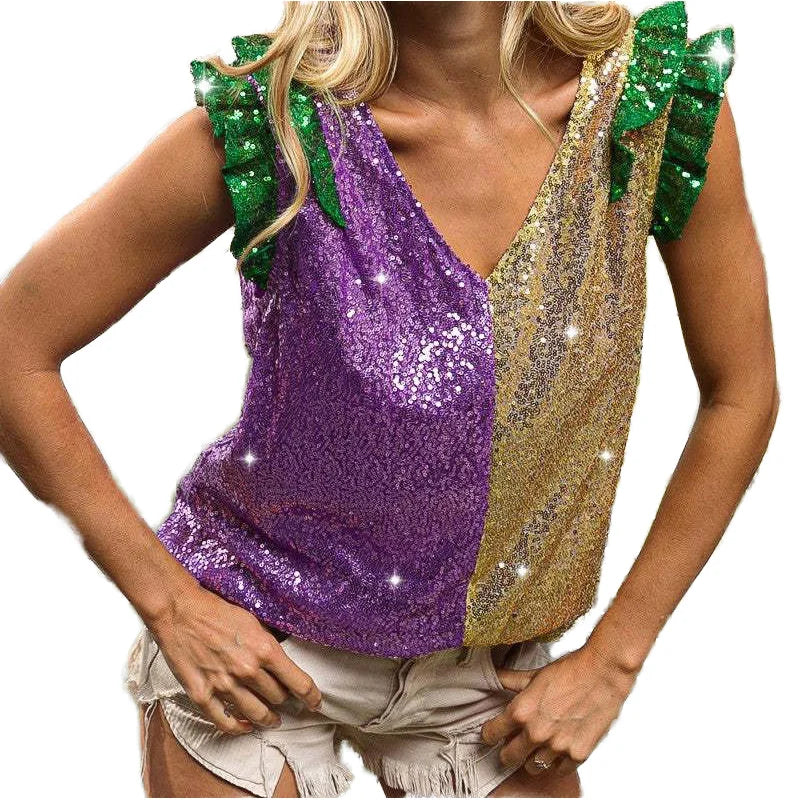 Factory Ruffle Sleeve Sexy Purple Gold Green Sequin Mardi Gras Women Tank Top Full Body Sequin Mardi Gras Women Vest Tank Top