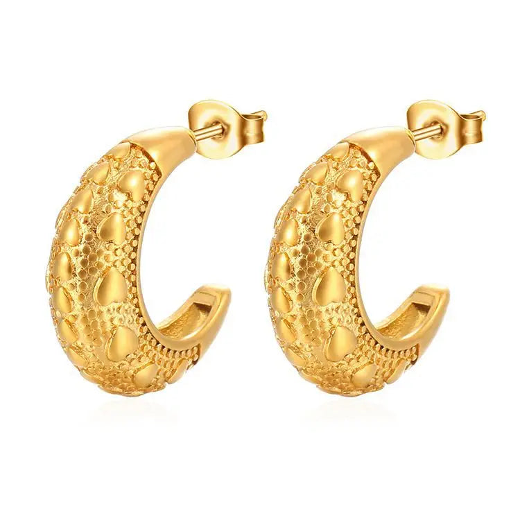 Vintage 18K Gold Plated Stainless Steel Earrings Irregular Love Embossed C-shaped Hoop Earrings Middle Age Earrings for Women