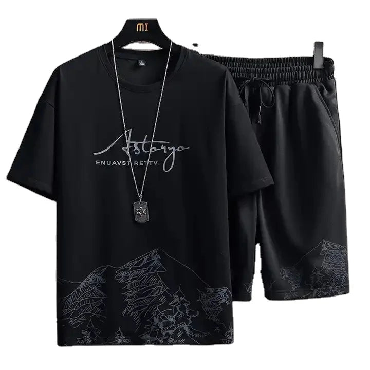 Chinese Style Landscape Painting T-shirt Men's Sports Casual Short Set Summer Ice Silk Thin Trend Short Sleeve Men's Shorts Set