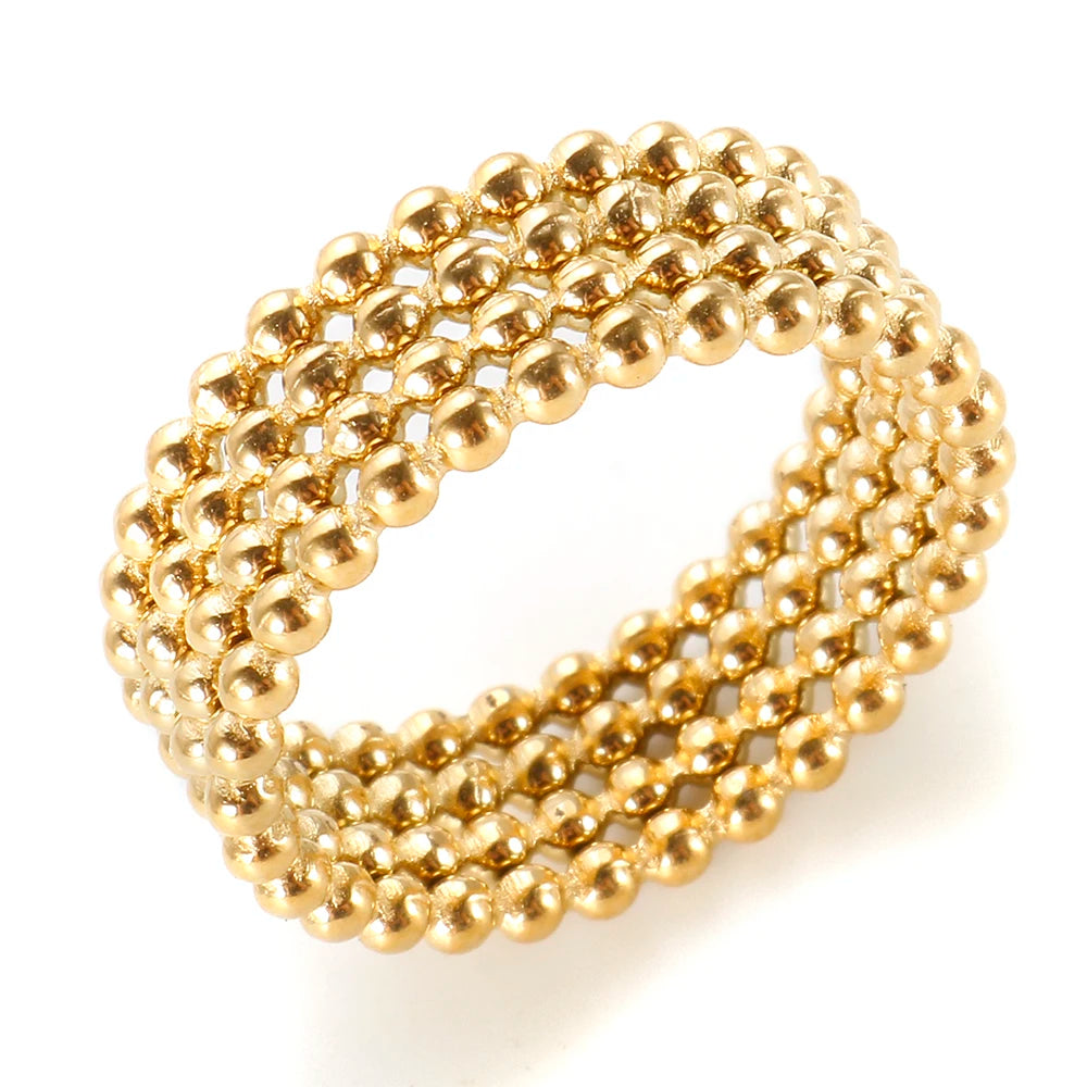 Fashion Mesh Interlocking Men Gold Plated Stainless Steel Irregular Twist Multi Layer Full Pave Ball Bead Ring