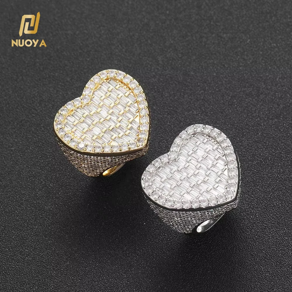 Nuoya Hip Hop Jewelry Iced Out Diamond Heart Ring Bling Baguette CZ Stone Lager Size Heart Ring Wome