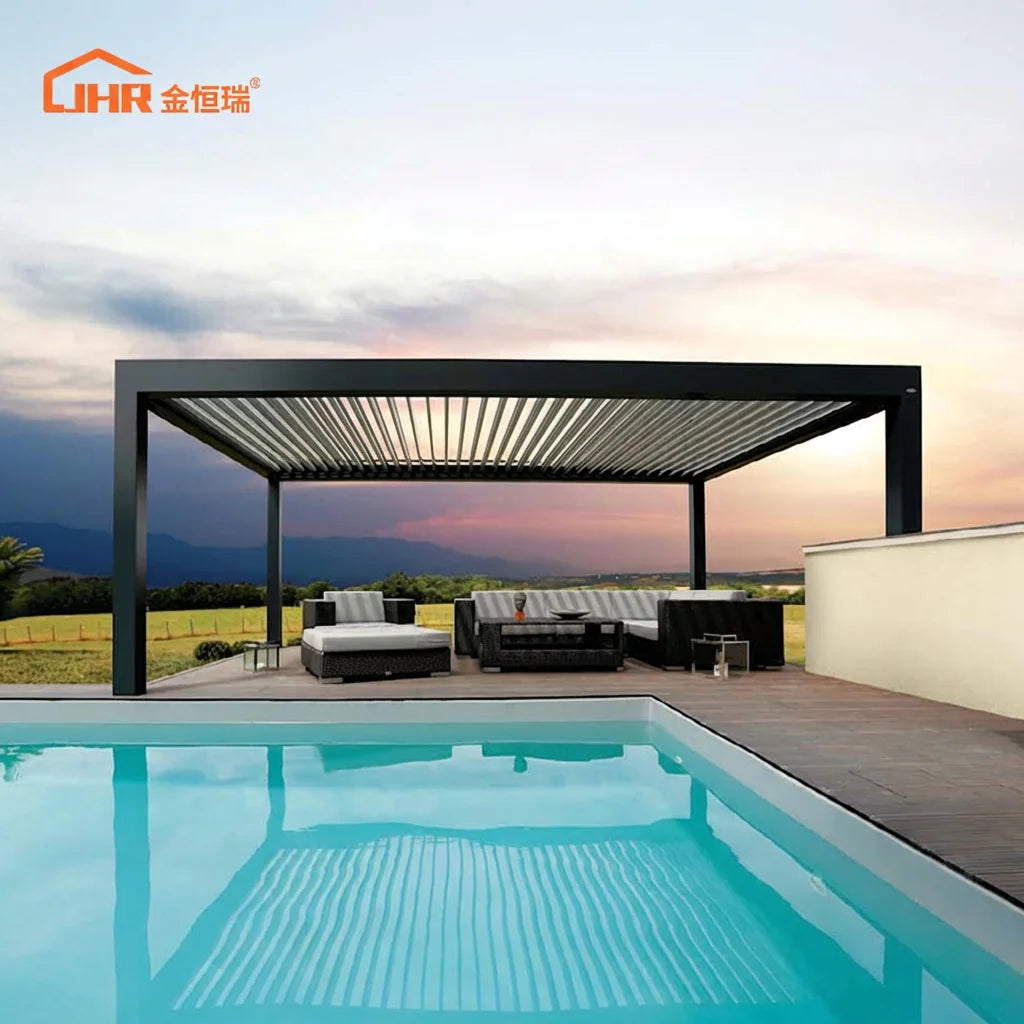 Customized Electric Outdoor Gazebo Waterproof Motorized Louvered Roof Bioclimatic Eco-Friendly Aluminium Pergola Nature Inspired