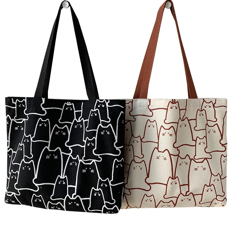 Heavy Duty Women Canvas Grocery Bags Shopping Extra Large Cotton Tote Bag With Pocket and Zipper Cute Cat Shopper Bag