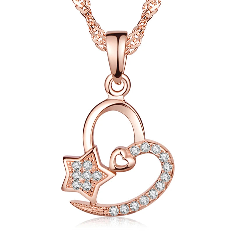 Rose Gold Plated Hollowed Out Heart Star Inlaid ZC Stone S925 Sterling Silver Pendant Necklace for Women