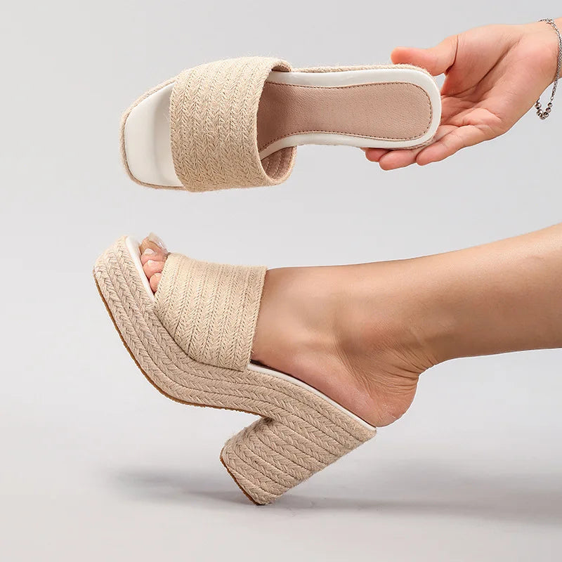 Women's Twine Wedge-heeled Platform Sandals Braided Straw Rope Word Strap Summer Waterproof Platform Heels
