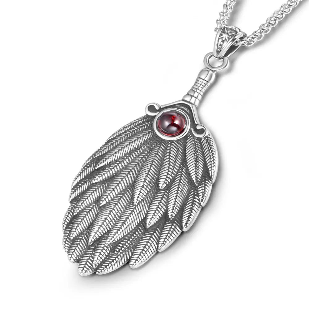 Antique Stainless Steel Feather Fan Design Pendant with Red Gemstone Fine Jewelry