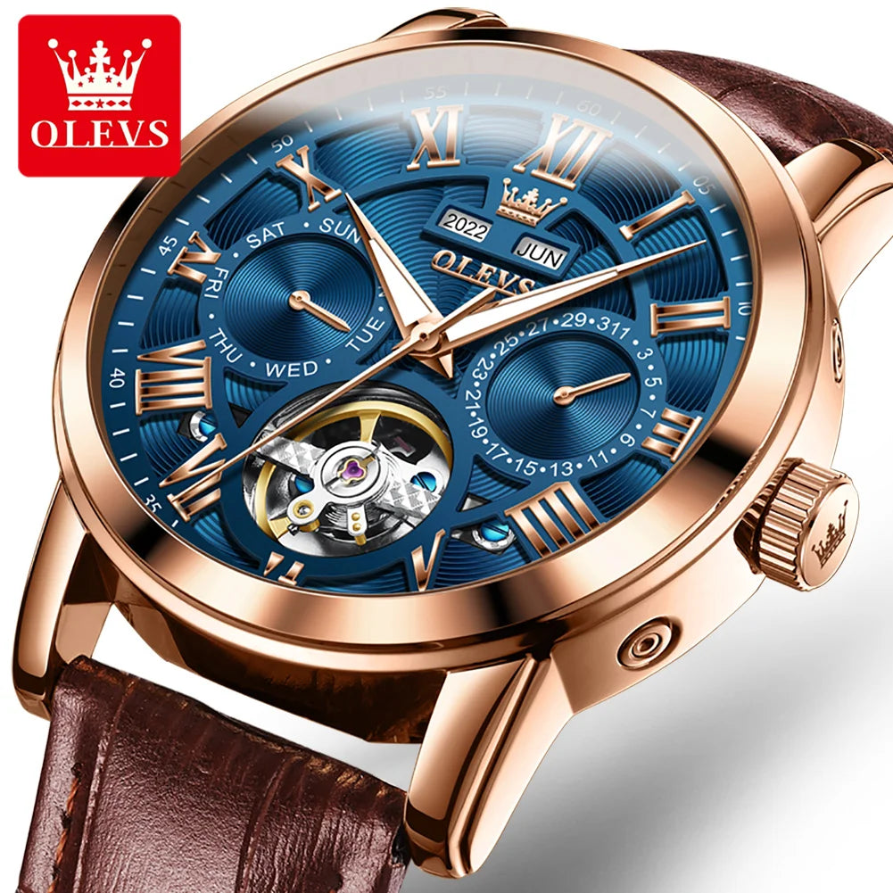 OLEVS 6668 High End New Leather Watch Tourbillon Automatic Movement Mechanical Watches for Men