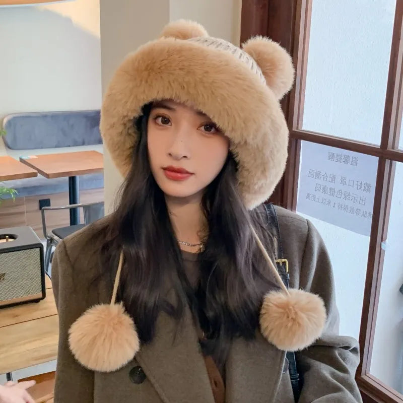Cute Woolen Hat Winter New Ear Protection and Warm Cable Knit Hat Outdoor Snow Cold Resistant Fur Ball Hat for Cold Whether
