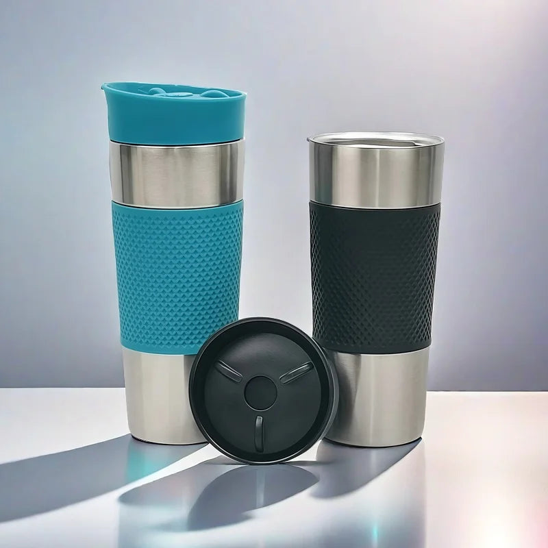 Hot Sale Insulated Travel Coffee Mug Stainless Steel Tumbler with Press-on Silicone Leather Case Leather Case for Water Bottle