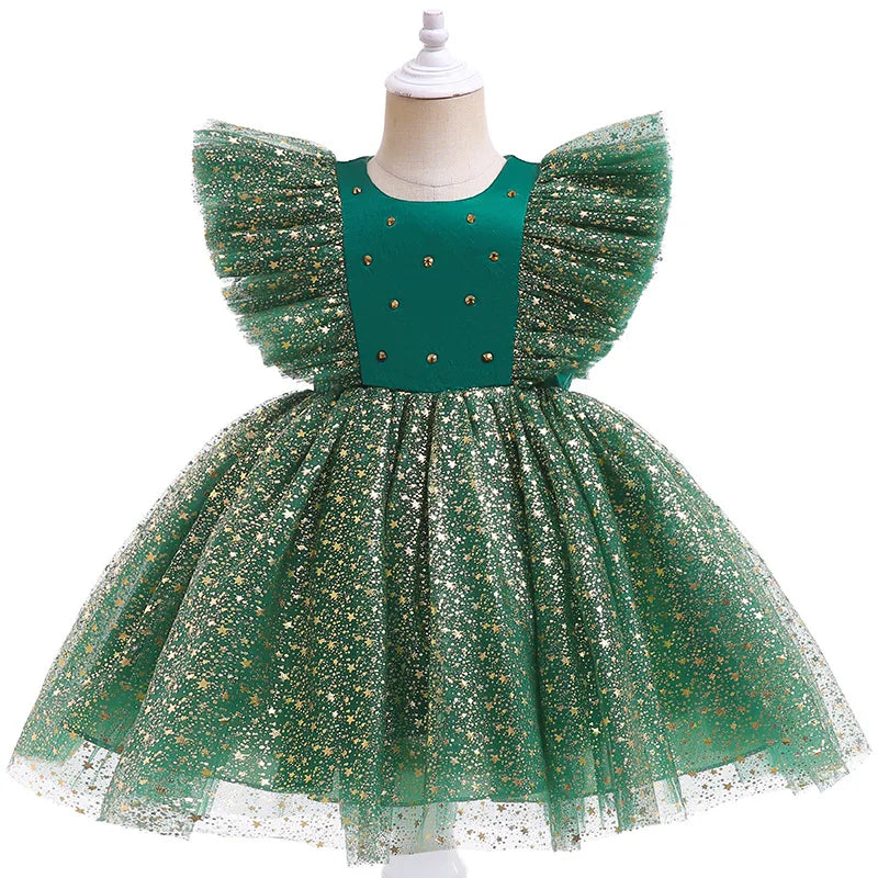 Hot Summer Sale Elegant Baby Girls Tutu Dress Glitter Flying Sleeves Bow Embellish Christmas Tulle Skirt Bubble Star Children